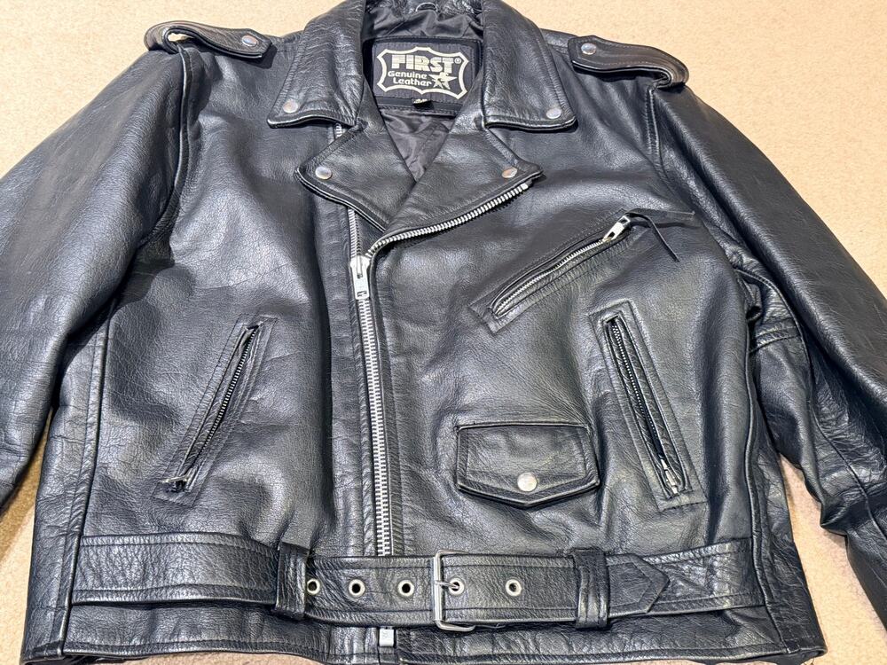 Vintage First Genuine Leather Motorcycle Biker Jacket Men’s SZ 46 Blk Heavyweigh